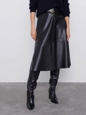 ZARA Faux Leather Black Midi Skirt, Size L